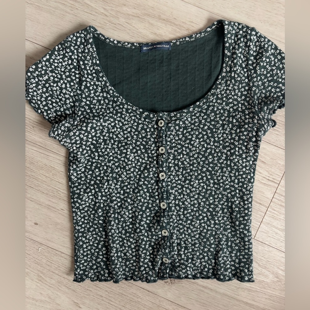 Brandi Melville Zelly Crop Top Floral Button-Up Green